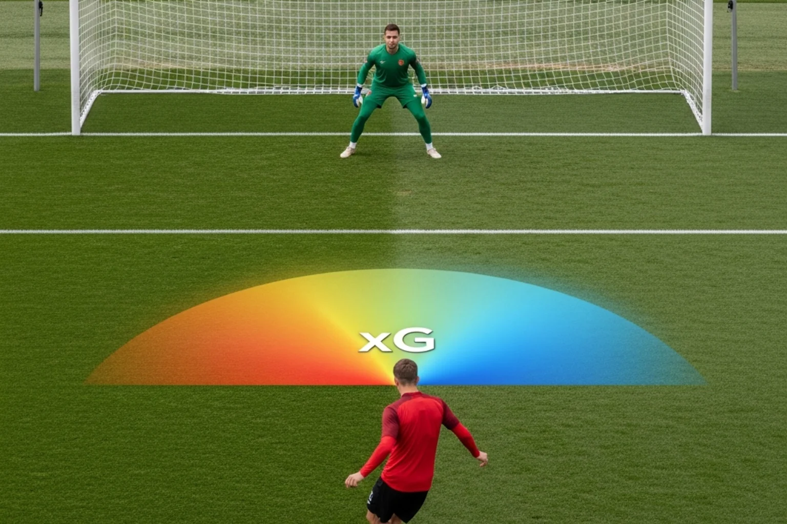 Expected Goals xG: Stürmer beim Torschuss im Strafraum mit eingeblendeter Schusswahrscheinlichkeit