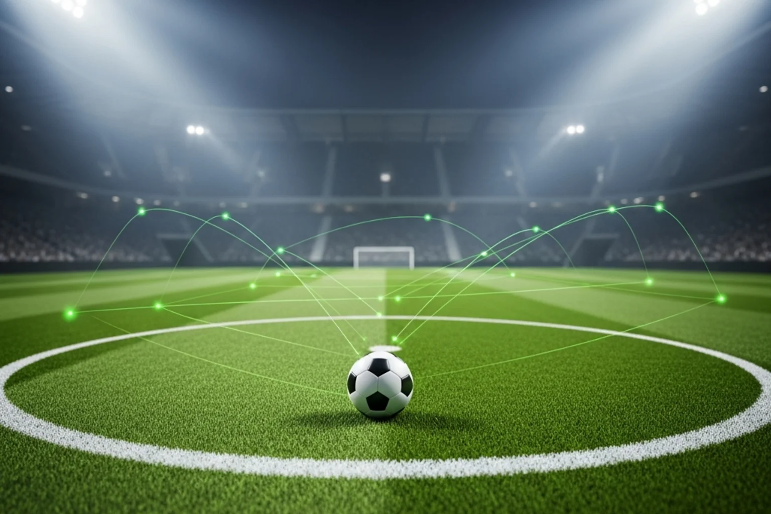 Fußball Statistik: Datenanalyse auf dem Spielfeld mit Tracking-Linien und Metriken