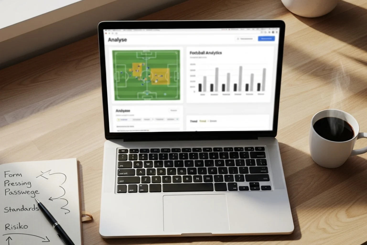 Fußball Statistik Plattformen: Analyst vergleicht Daten auf FBref und Transfermarkt am Laptop